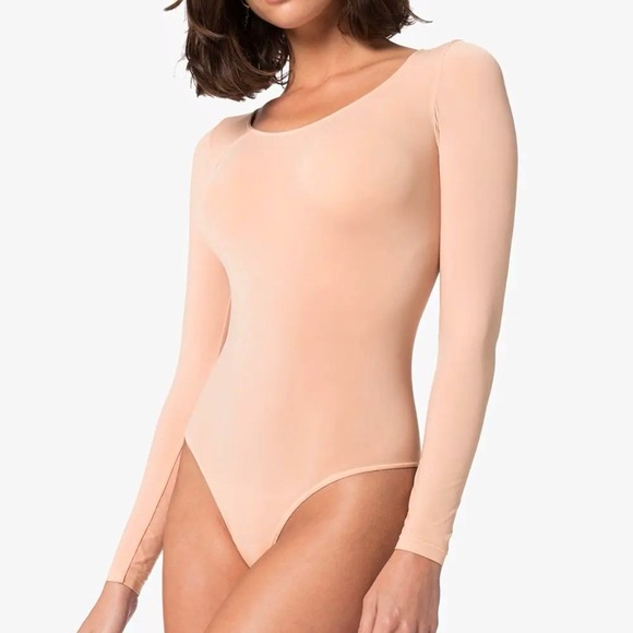 WOLFORD NUDE TAN BUENOS AIRES SHEER THONG LONG SLEEVE SCOOP NECK BODYSUIT - Picture 7 of 8
